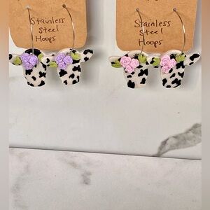 Cow Print with Flower crown Clay Earrings